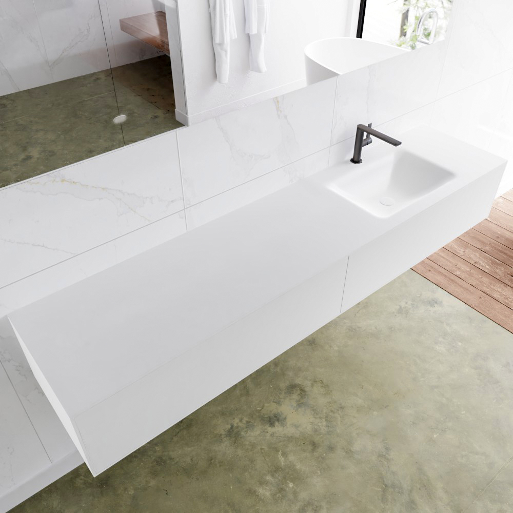 MONDIAZ LAGOM 200 badmeubel solid surface talc 2 lades CLOUD rechts 1 kraangat