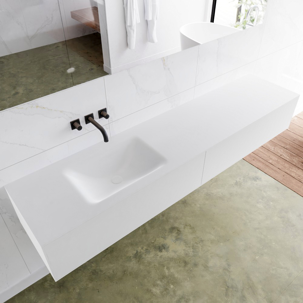 MONDIAZ LAGOM 200 badmeubel solid surface talc 2 lades CLOUD links 0 kraangaten