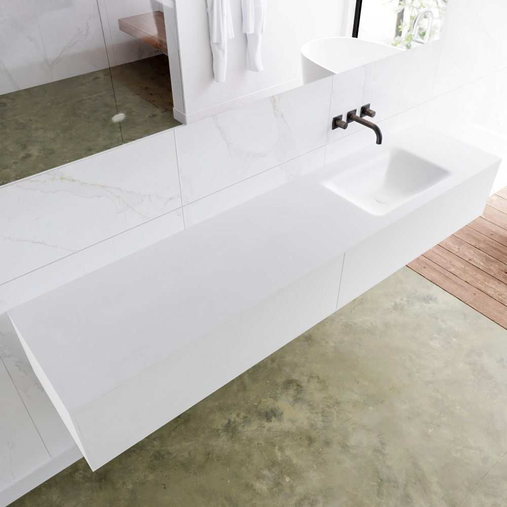 MONDIAZ LAGOM 200 badmeubel solid surface talc 2 lades CLOUD rechts 0 kraangaten