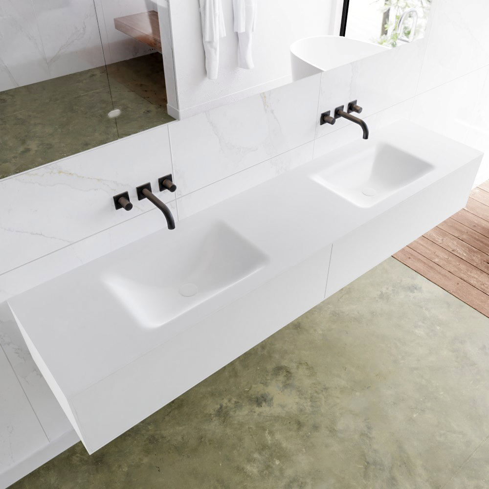 MONDIAZ LAGOM 200 badmeubel solid surface talc 2 lades CLOUD dubbel 0 kraangaten