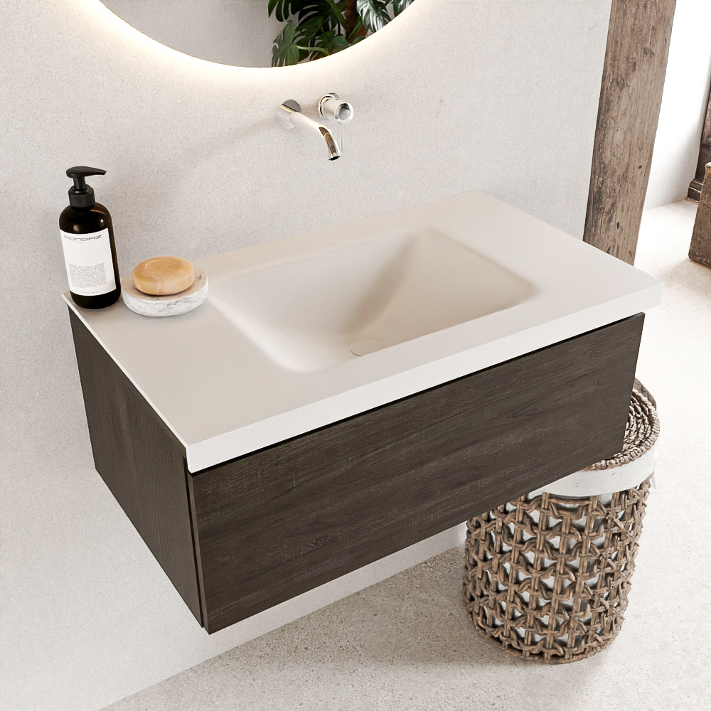 MONDIAZ BUKLA 80cm badmeubel modulair kleur Dark Brown met 1 lade. Wastafel CLOUD midden 0 kraangaten kleur Talc.