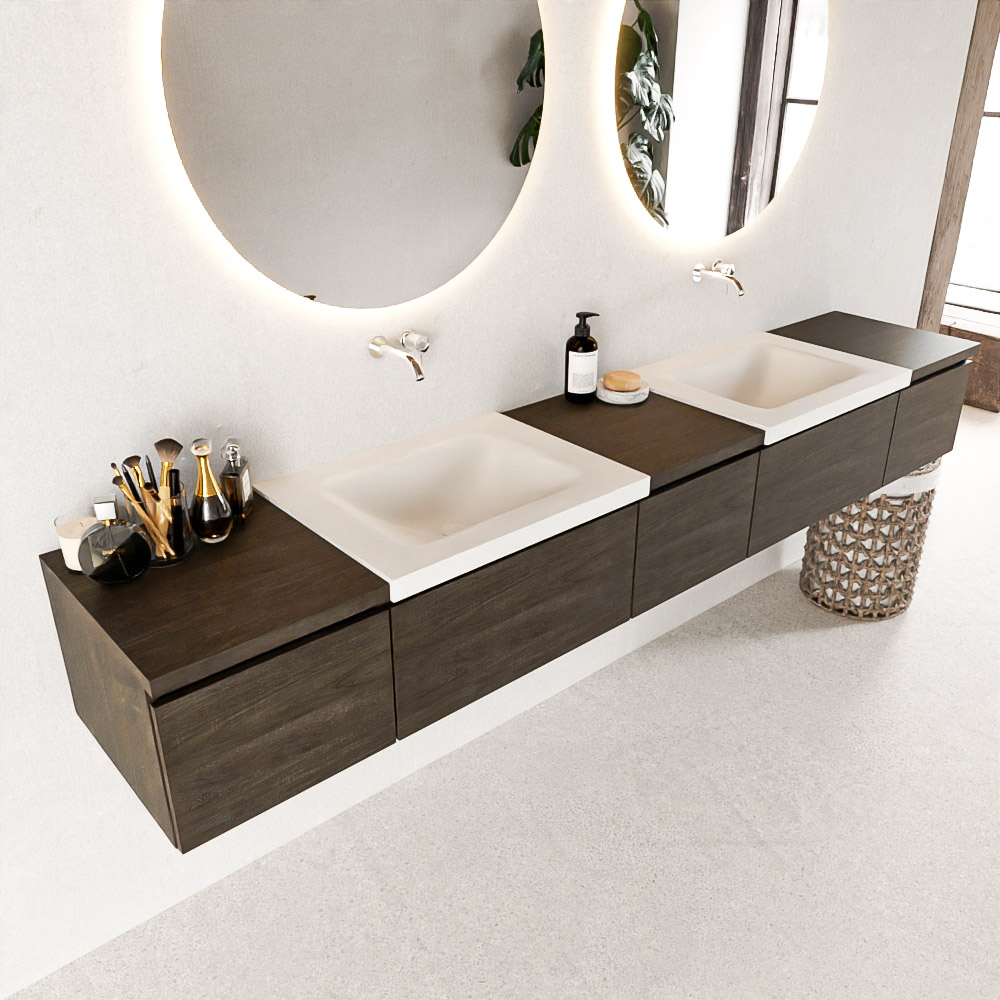 MONDIAZ BUKLA 240cm badmeubel met module 40 kleur Dark Brown met 5 lades. Wastafel CLOUD dubbel 0 kraangaten kleur Talc.