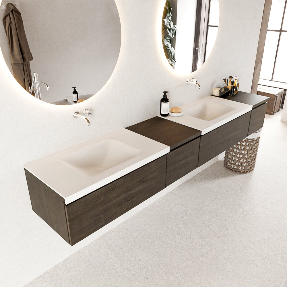 MONDIAZ BUKLA 240cm badmeubel met module 40 links kleur Dark Brown met 4 lades. Wastafel CLOUD dubbel 0 kraangaten kleur Talc.