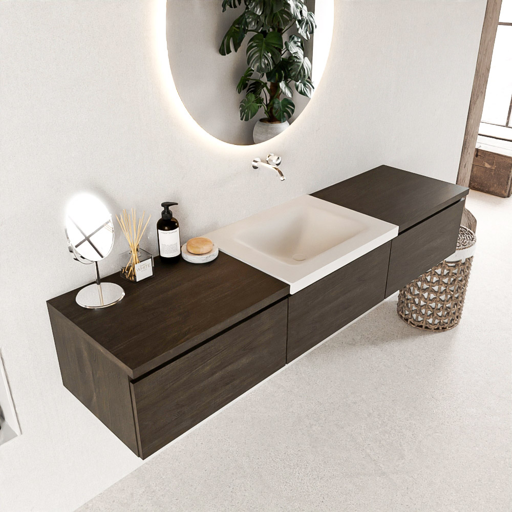 MONDIAZ BUKLA 180cm badmeubel met module 60 kleur Dark Brown met 3 lades. Wastafel CLOUD midden 0 kraangaten kleur Talc.