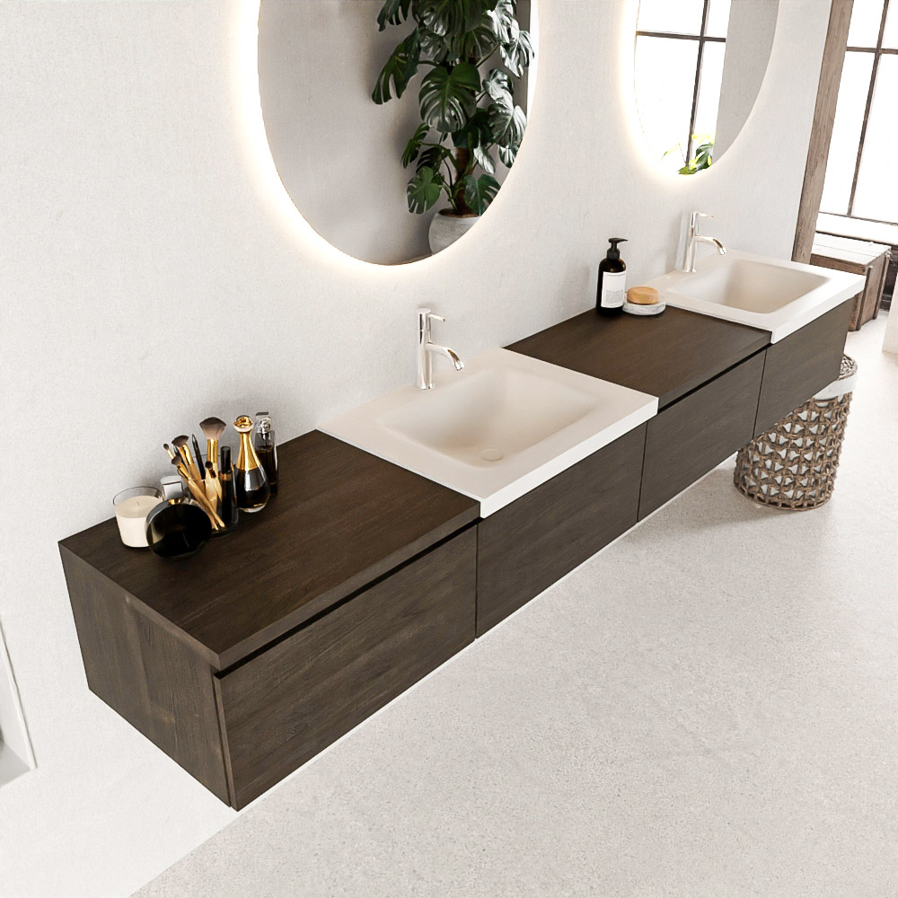 MONDIAZ BUKLA 240cm badmeubel met module 60 links kleur Dark Brown met 4 lades. Wastafel CLOUD dubbel 2 kraangaten kleur Talc.