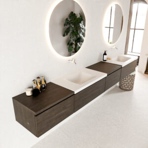 MONDIAZ BUKLA 280cm badmeubel met module 60 rechts kleur Dark Brown met 4 lades. Wastafel CLOUD dubbel 0 kraangaten kleur Talc.