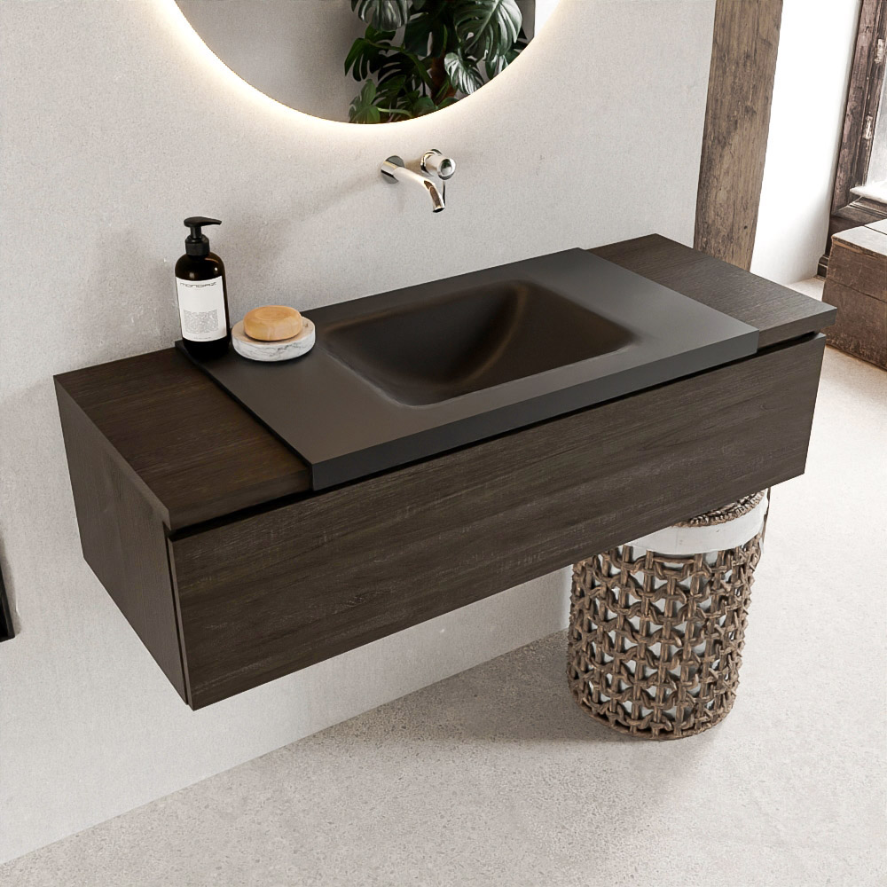 MONDIAZ BUKLA 120cm badmeubel onderkast kleur Dark Brown met 1 lade. Wastafel CLOUD midden 0 kraangaten kleur Urban.