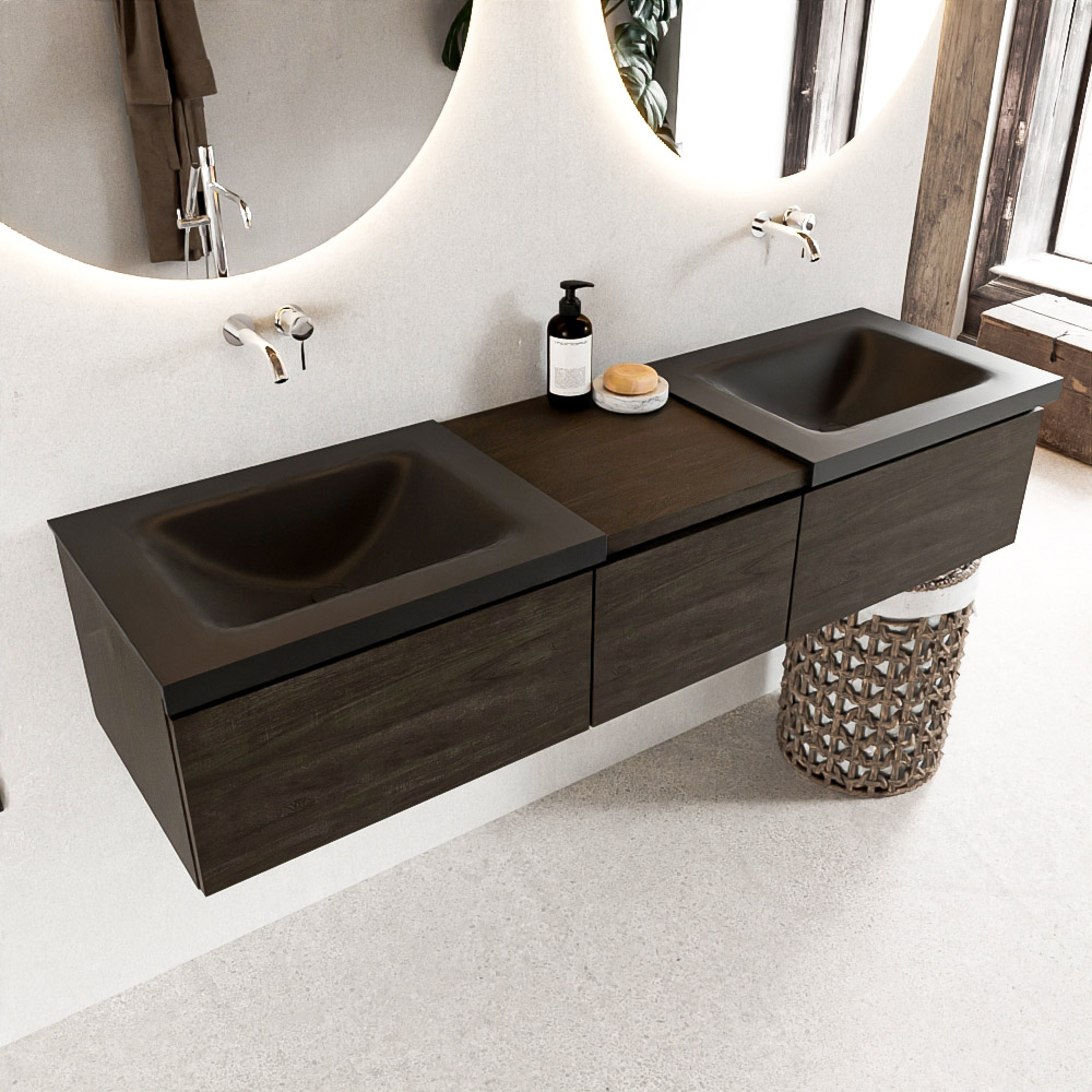 MONDIAZ BUKLA 160cm badmeubel met module 40 kleur Dark Brown met 3 lades. Wastafel CLOUD dubbel 0 kraangaten kleur Urban.