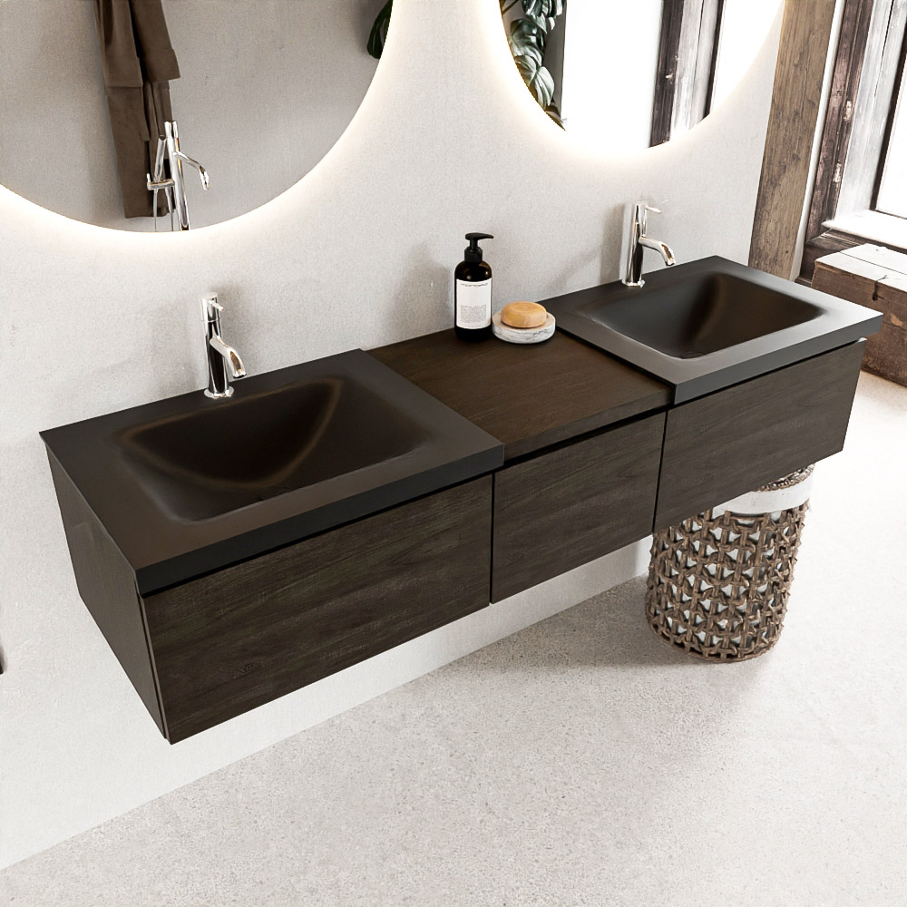 MONDIAZ BUKLA 160cm badmeubel met module 40 kleur Dark Brown met 3 lades. Wastafel CLOUD dubbel 2 kraangaten kleur Urban.