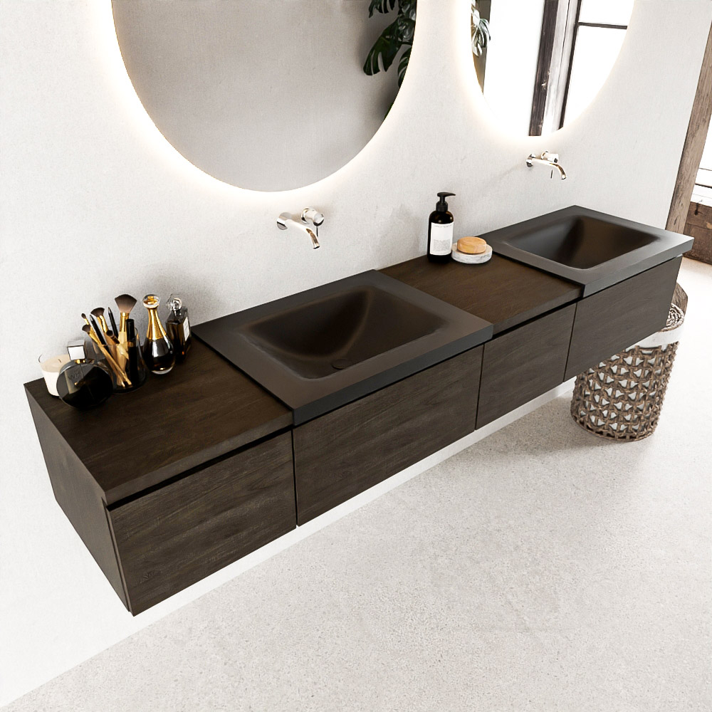 MONDIAZ BUKLA 200cm badmeubel met module 40 rechts kleur Dark Brown met 4 lades. Wastafel CLOUD dubbel 0 kraangaten kleur Urban.