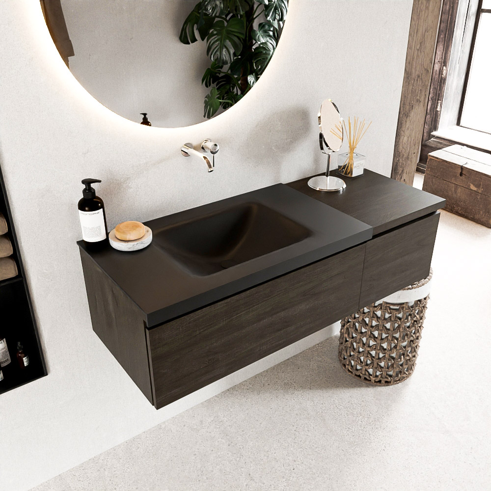 MONDIAZ BUKLA 120cm badmeubel met module 40 kleur Dark Brown met 2 lades. Wastafel CLOUD links 0 kraangaten kleur Urban.