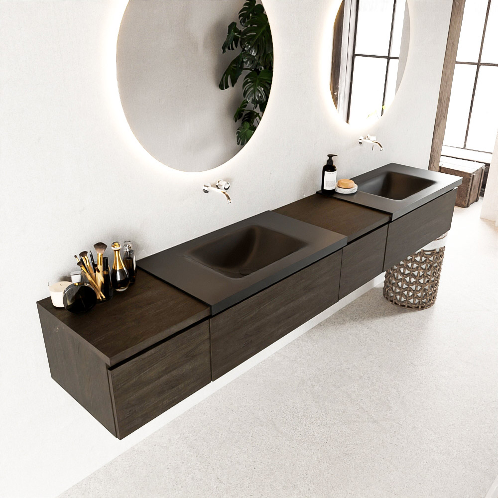 MONDIAZ BUKLA 240cm badmeubel met module 40 rechts kleur Dark Brown met 4 lades. Wastafel CLOUD dubbel 0 kraangaten kleur Urban.