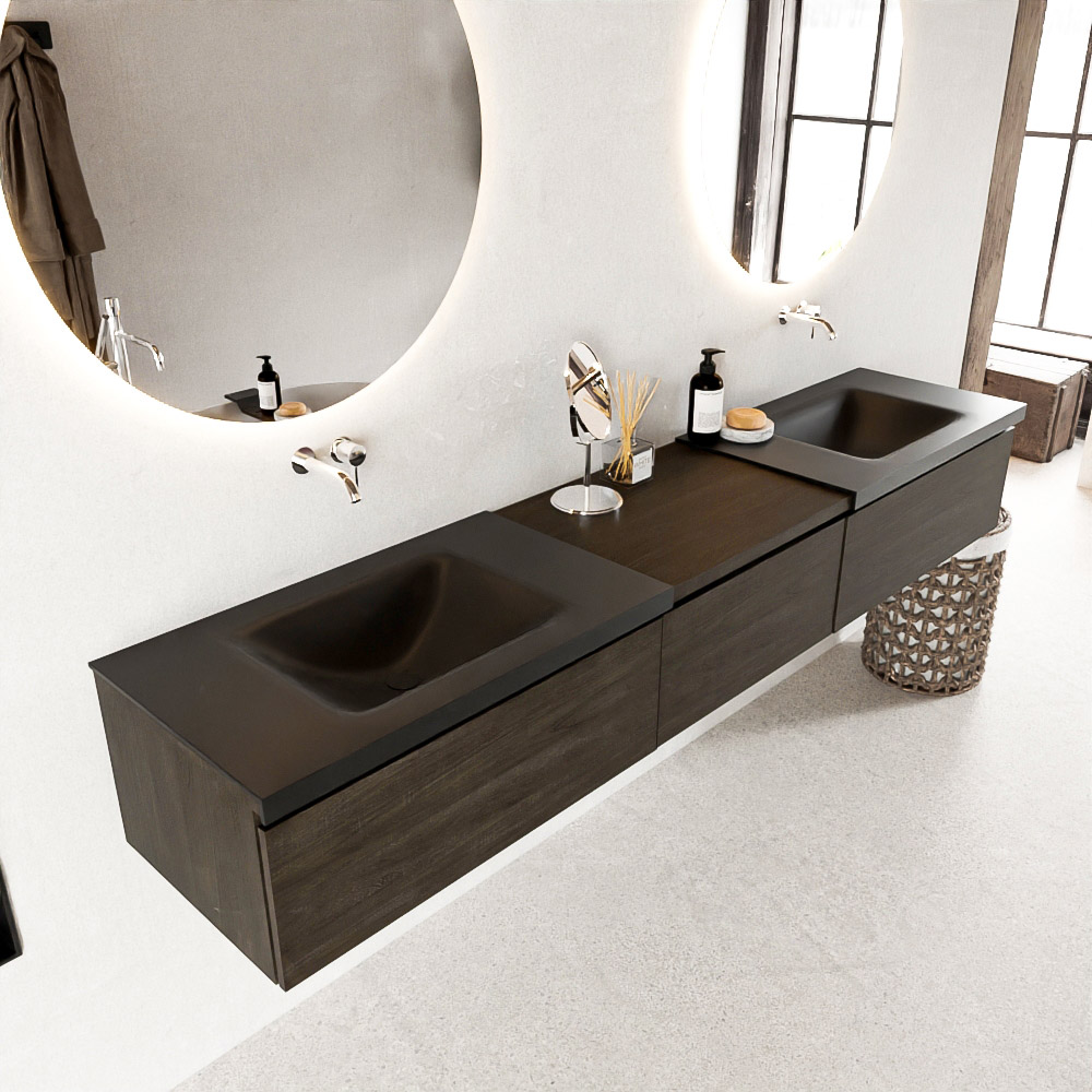 MONDIAZ BUKLA 220cm badmeubel met module 60 kleur Dark Brown met 3 lades. Wastafel CLOUD dubbel 0 kraangaten kleur Urban.