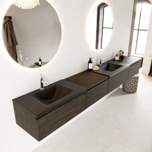 MONDIAZ BUKLA 280cm badmeubel met module 60 links kleur Dark Brown met 4 lades. Wastafel CLOUD dubbel 2 kraangaten kleur Urban.