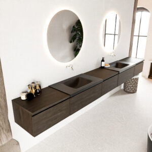 MONDIAZ BUKLA 340cm badmeubel met module 60 kleur Dark Brown met 5 lades. Wastafel CLOUD dubbel 0 kraangaten kleur Urban.