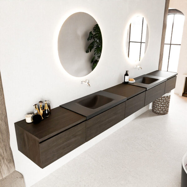 MONDIAZ BUKLA 340cm badmeubel met module 60 kleur Dark Brown met 5 lades. Wastafel CLOUD dubbel 0 kraangaten kleur Urban.
