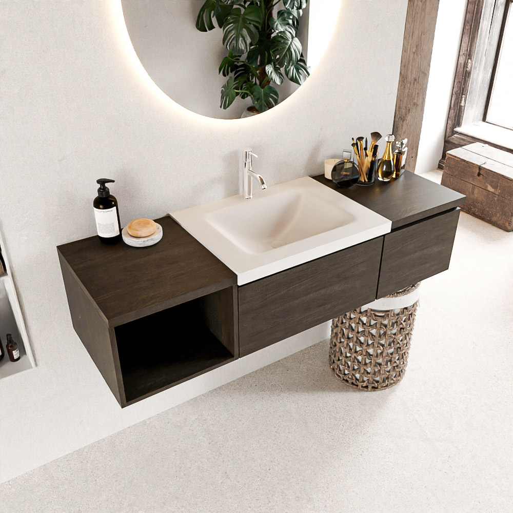 MONDIAZ BUKLA 140cm badmeubel met open module 40 links kleur Dark Brown met 2 lades. Wastafel CLOUD midden 1 kraangat kleur Talc.