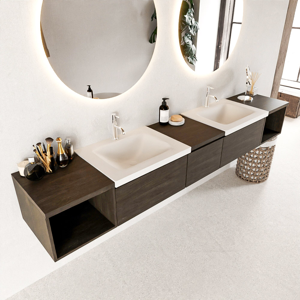 MONDIAZ BUKLA 240cm badmeubel met open module 40 L+R kleur Dark Brown met 3 lades. Wastafel CLOUD dubbel 2 kraangaten kleur Talc.