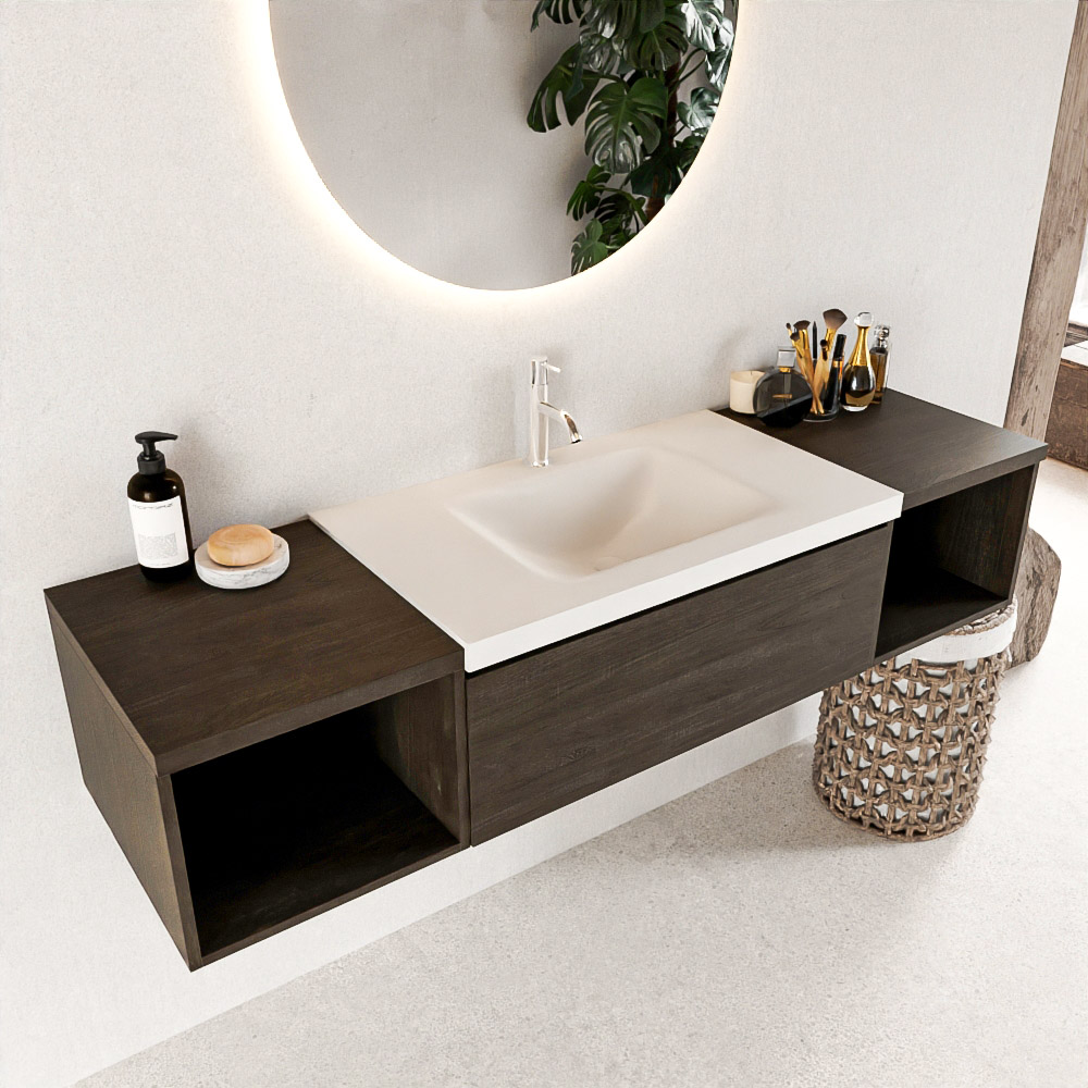 MONDIAZ BUKLA 160cm badmeubel met open module 40 L+R kleur Dark Brown met 1 lade. Wastafel CLOUD midden 1 kraangat kleur Talc.