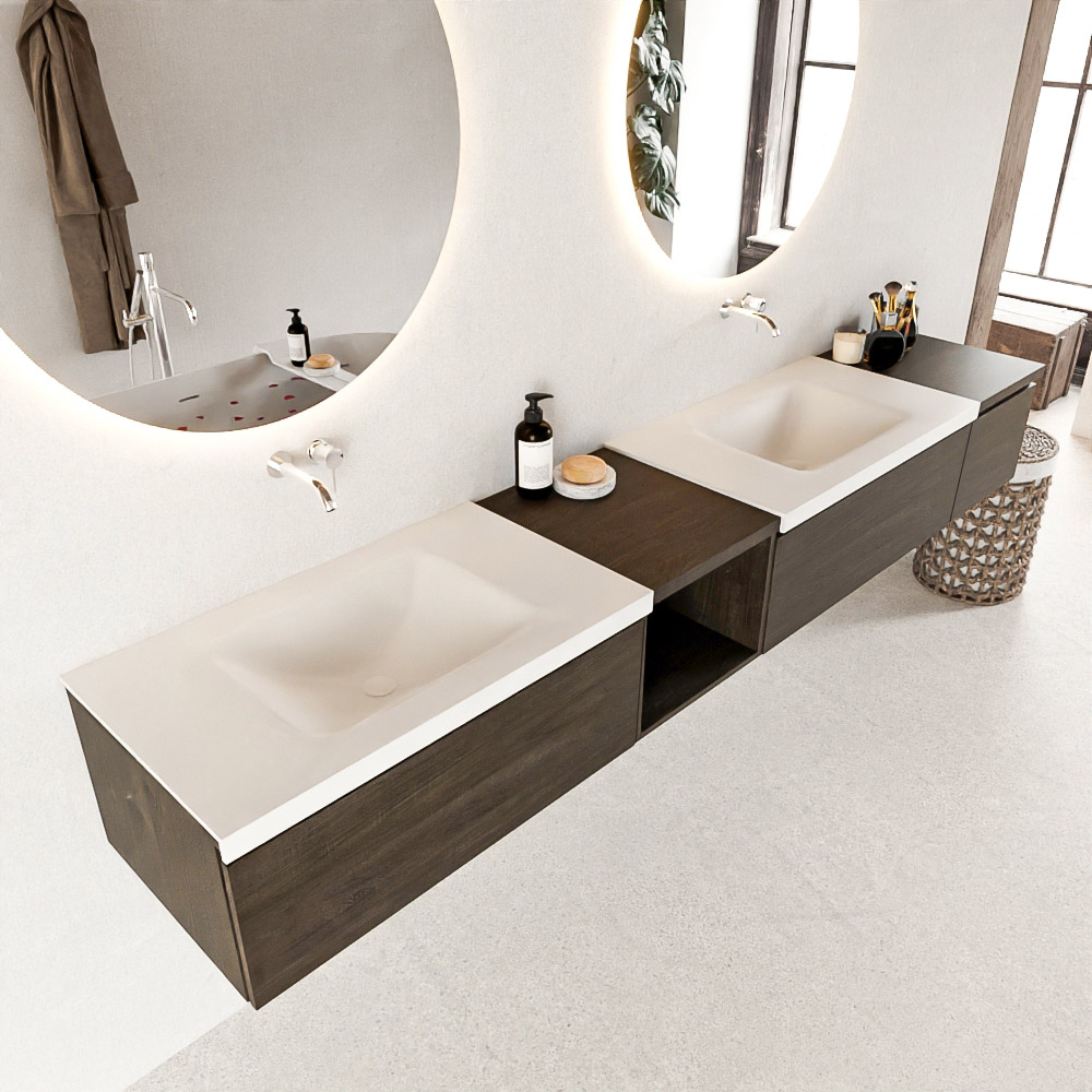 MONDIAZ BUKLA 240cm badmeubel met open module 40 links kleur Dark Brown met 3 lades. Wastafel CLOUD dubbel 0 kraangaten kleur Talc.