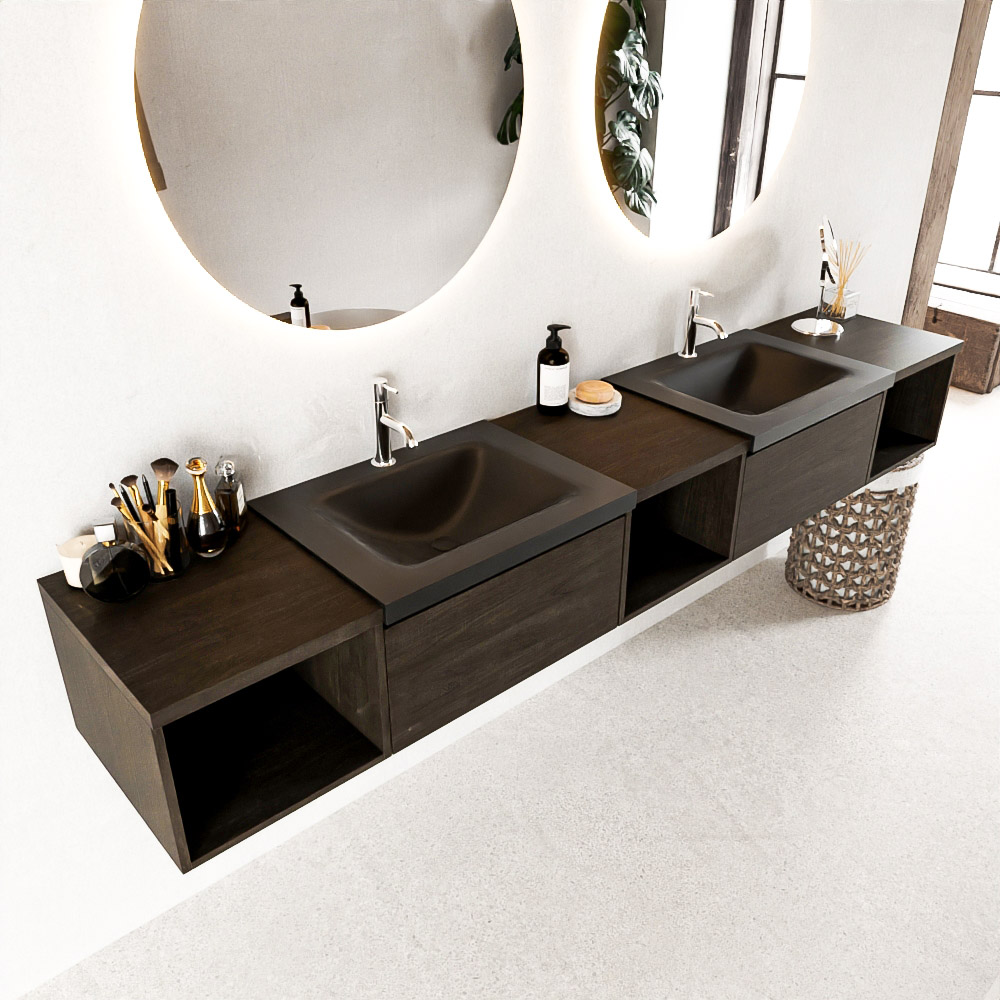 MONDIAZ BUKLA 240cm badmeubel met open module 40 L+M+R kleur Dark Brown met 2 lades. Wastafel CLOUD dubbel 2 kraangaten kleur Urban.