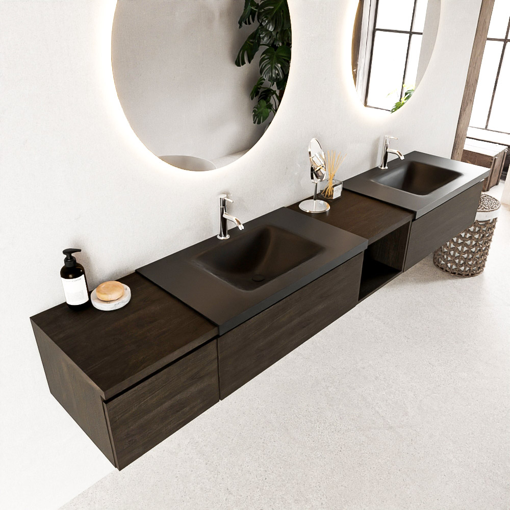 MONDIAZ BUKLA 240cm badmeubel met open module 40 rechts kleur Dark Brown met 3 lades. Wastafel CLOUD dubbel 2 kraangaten kleur Urban.