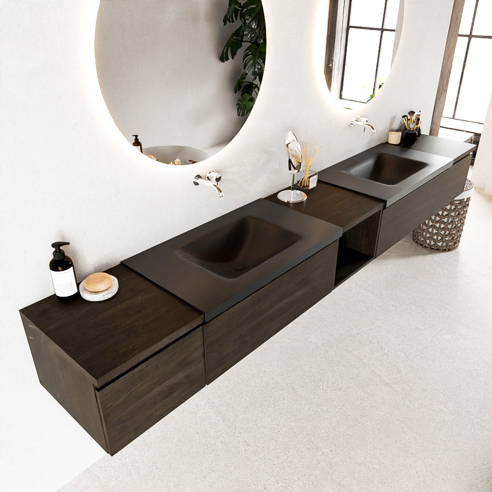 MONDIAZ BUKLA 280cm badmeubel met open module 40 midden kleur Dark Brown met 4 lades. Wastafel CLOUD dubbel 0 kraangaten kleur Urban.
