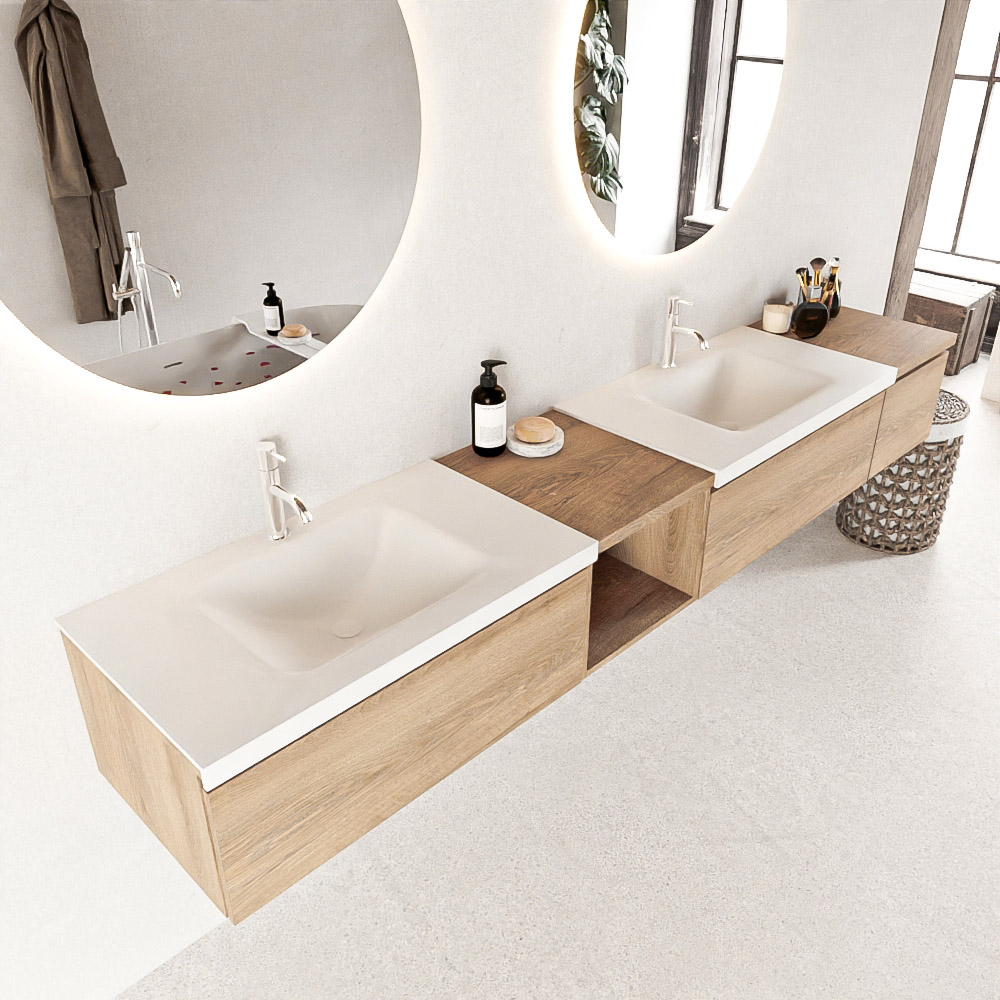 MONDIAZ BUKLA 240cm badmeubel met open module 40 links kleur Washed Oak met 3 lades. Wastafel CLOUD dubbel 2 kraangaten kleur Talc.