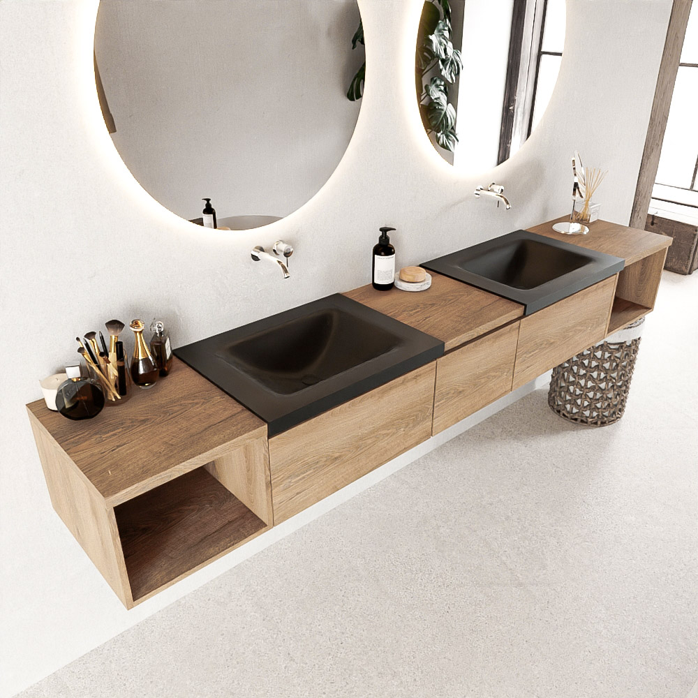 MONDIAZ BUKLA 240cm badmeubel met open module 40 L+R kleur Washed Oak met 3 lades. Wastafel CLOUD dubbel 0 kraangaten kleur Urban.