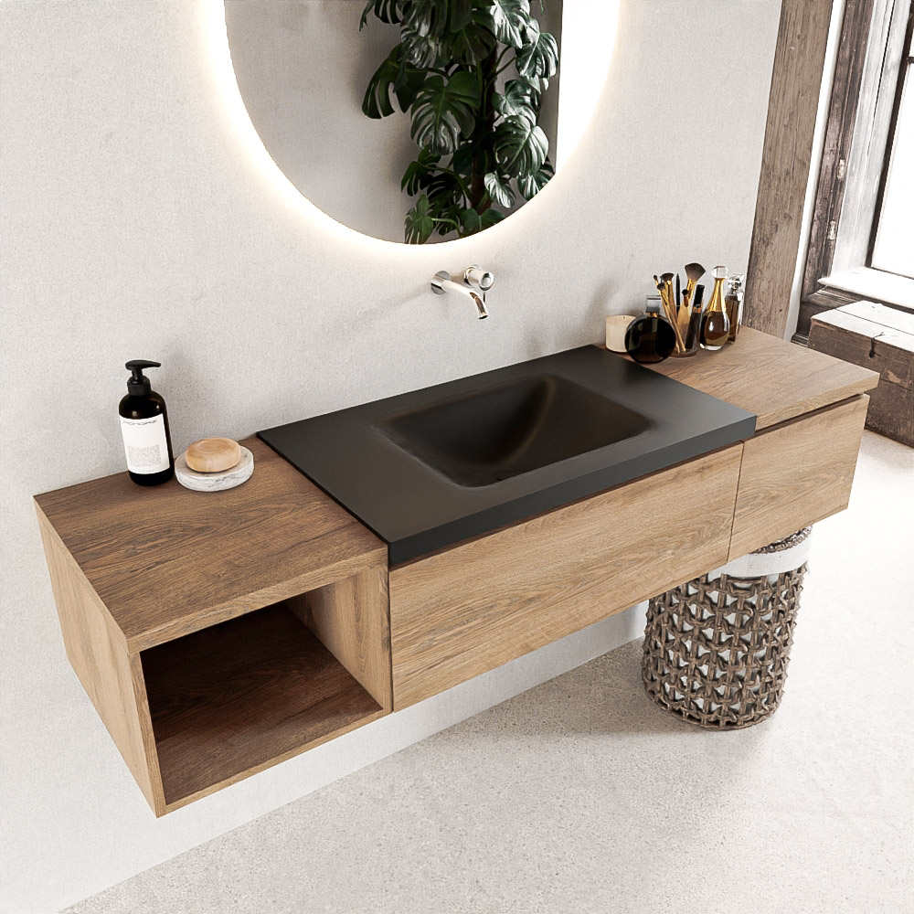 MONDIAZ BUKLA 160cm badmeubel met open module 40 links kleur Washed Oak met 2 lades. Wastafel CLOUD midden 0 kraangaten kleur Urban.