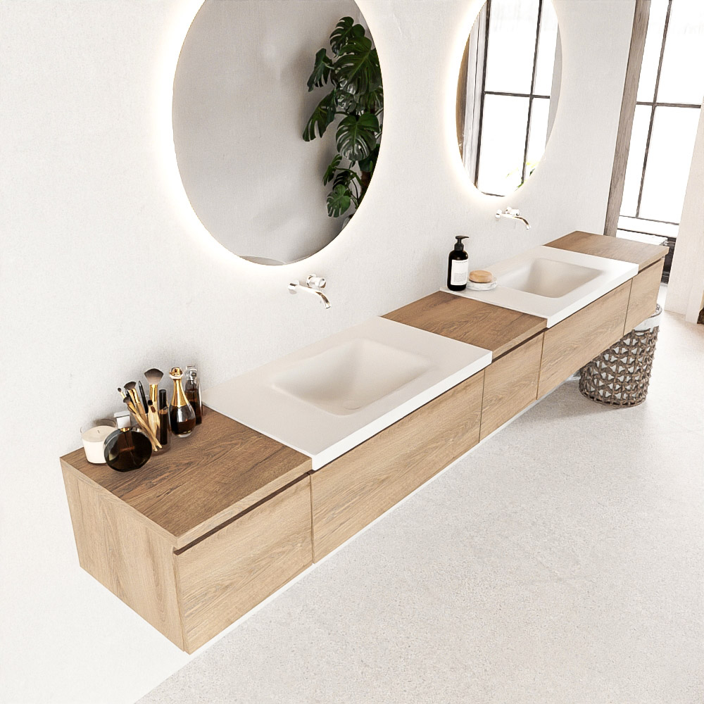 MONDIAZ BUKLA 280cm badmeubel met module 40 kleur Washed Oak met 5 lades. Wastafel CLOUD dubbel 0 kraangaten kleur Talc.