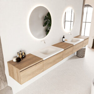 MONDIAZ BUKLA 340cm badmeubel met module 60 kleur Washed Oak met 5 lades. Wastafel CLOUD dubbel 0 kraangaten kleur Talc.
