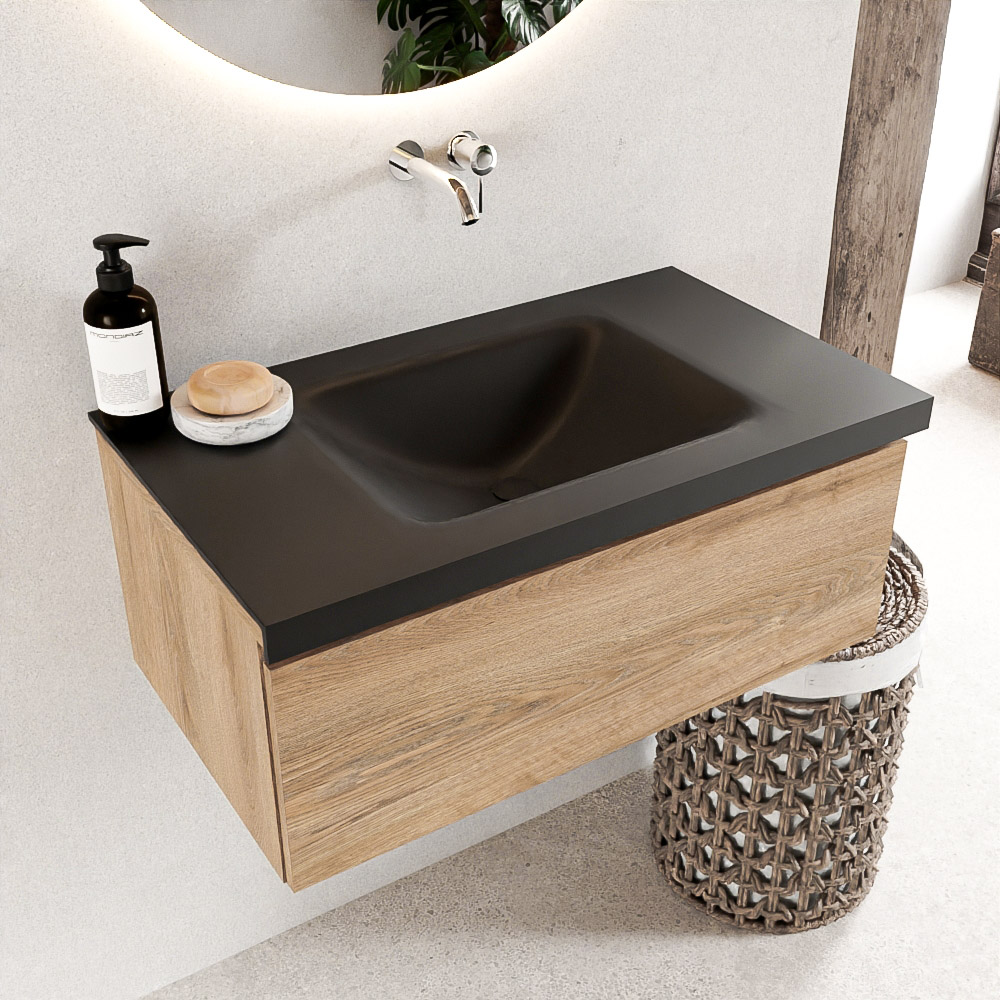 MONDIAZ BUKLA 80cm badmeubel modulair kleur Washed Oak met 1 lade. Wastafel CLOUD midden 0 kraangaten kleur Urban.