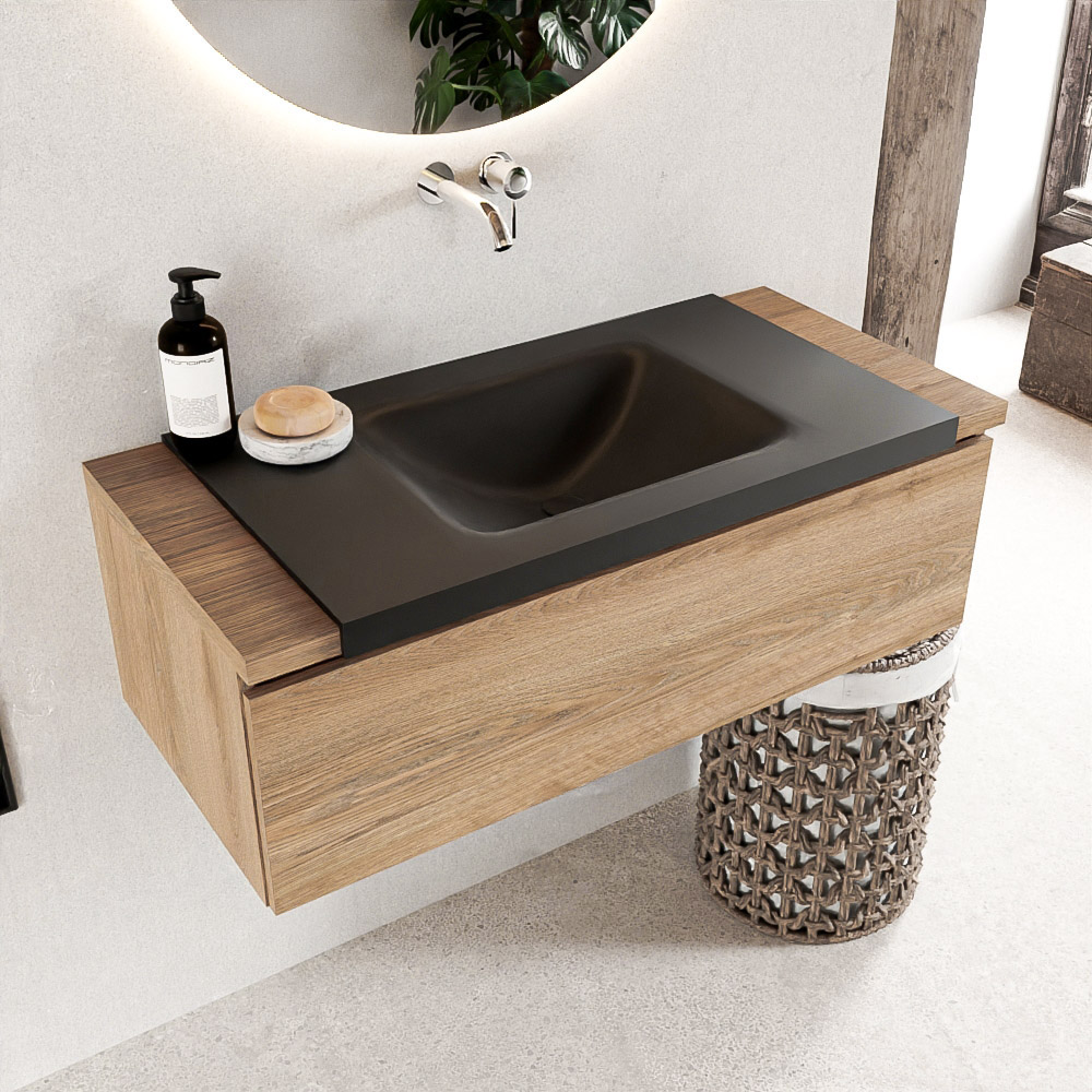 MONDIAZ BUKLA 100cm badmeubel onderkast kleur Washed Oak met 1 lade. Wastafel CLOUD midden 0 kraangaten kleur Urban.