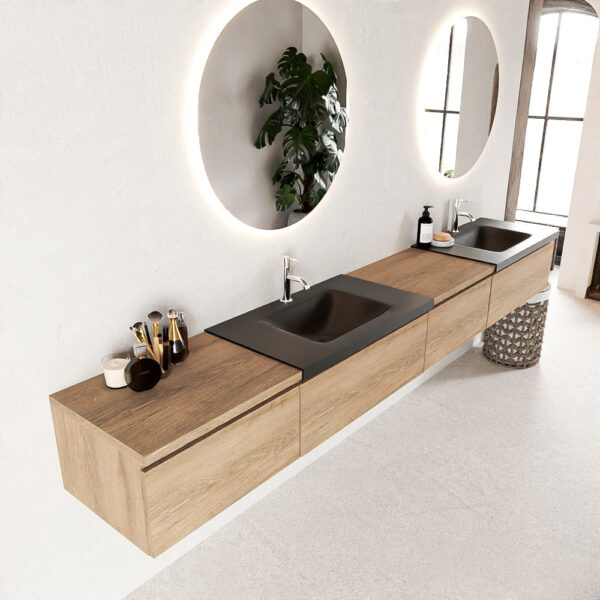 MONDIAZ BUKLA 280cm badmeubel met module 60 rechts kleur Washed Oak met 4 lades. Wastafel CLOUD dubbel 2 kraangaten kleur Urban.