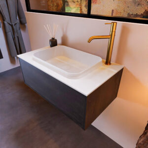 MONDIAZ ERIN 80cm badmeubel onderkast kleur Antracite met 1 lade. Wastafel RIDGE midden 1 kraangat kleur Talc.