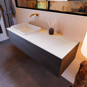 MONDIAZ ERIN 120cm badmeubel onderkast kleur Antracite met 1 lade. Wastafel RIDGE links 0 kraangaten kleur Talc.