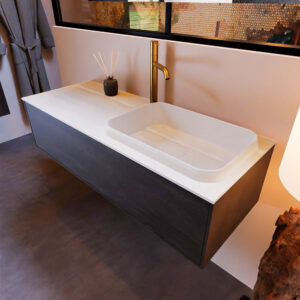 MONDIAZ ERIN 120cm badmeubel onderkast kleur Antracite met 1 lade. Wastafel RIDGE rechts 1 kraangat kleur Talc.