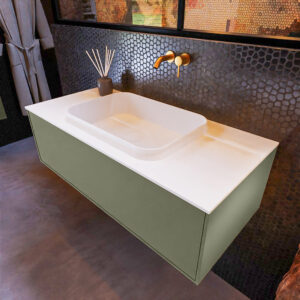 MONDIAZ ERIN 100cm badmeubel onderkast kleur Army met 1 lade. Wastafel RIDGE midden 0 kraangaten kleur Talc.