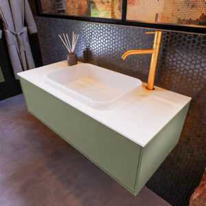 MONDIAZ ERIN 100cm badmeubel onderkast kleur Army met 1 lade. Wastafel RIDGE midden 1 kraangat kleur Talc.