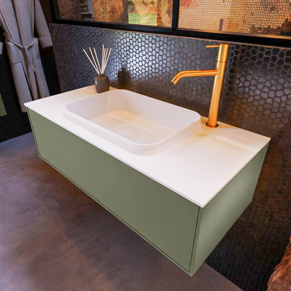 MONDIAZ ERIN 100cm badmeubel onderkast kleur Army met 1 lade. Wastafel RIDGE midden 1 kraangat kleur Talc.