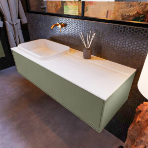 MONDIAZ ERIN 120cm badmeubel onderkast kleur Army met 1 lade. Wastafel RIDGE links 0 kraangaten kleur Talc.