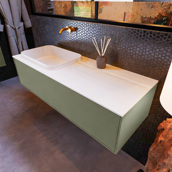 MONDIAZ ERIN 120cm badmeubel onderkast kleur Army met 1 lade. Wastafel RIDGE links 0 kraangaten kleur Talc.