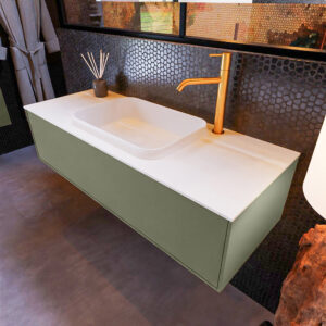 MONDIAZ ERIN 120cm badmeubel onderkast kleur Army met 1 lade. Wastafel RIDGE midden 1 kraangat kleur Talc.