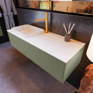 MONDIAZ ERIN 120cm badmeubel onderkast kleur Army met 1 lade. Wastafel RIDGE links 1 kraangat kleur Talc.