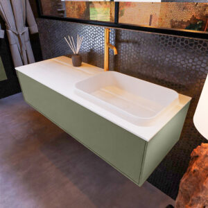 MONDIAZ ERIN 120cm badmeubel onderkast kleur Army met 1 lade. Wastafel RIDGE rechts 1 kraangat kleur Talc.