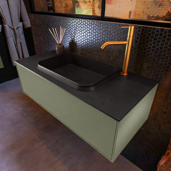 MONDIAZ ERIN 100cm badmeubel onderkast kleur Army met 1 lade. Wastafel RIDGE midden 1 kraangat kleur Urban.