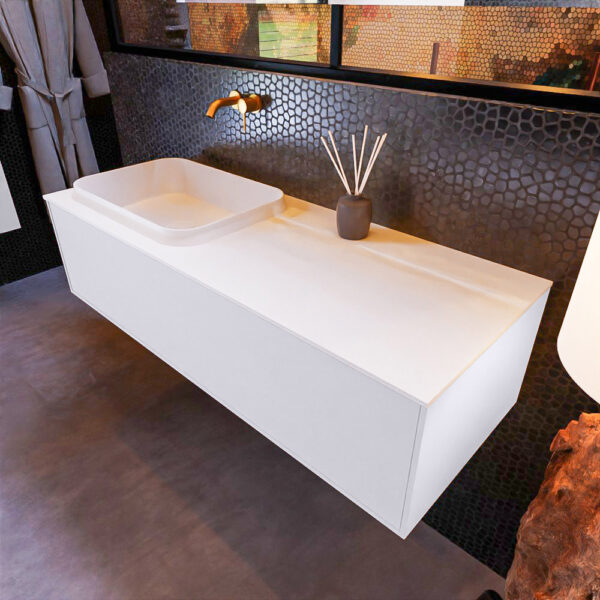 MONDIAZ ERIN 120cm badmeubel onderkast kleur Cale met 1 lade. Wastafel RIDGE links 0 kraangaten kleur Talc.