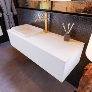 MONDIAZ ERIN 120cm badmeubel onderkast kleur Cale met 1 lade. Wastafel RIDGE links 1 kraangat kleur Talc.