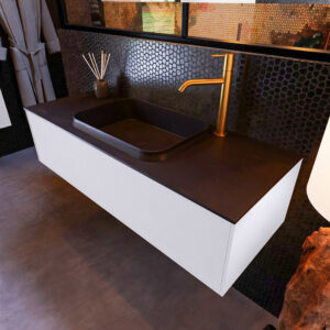 MONDIAZ ERIN 120cm badmeubel onderkast kleur Cale met 1 lade. Wastafel RIDGE midden 1 kraangat kleur Urban.